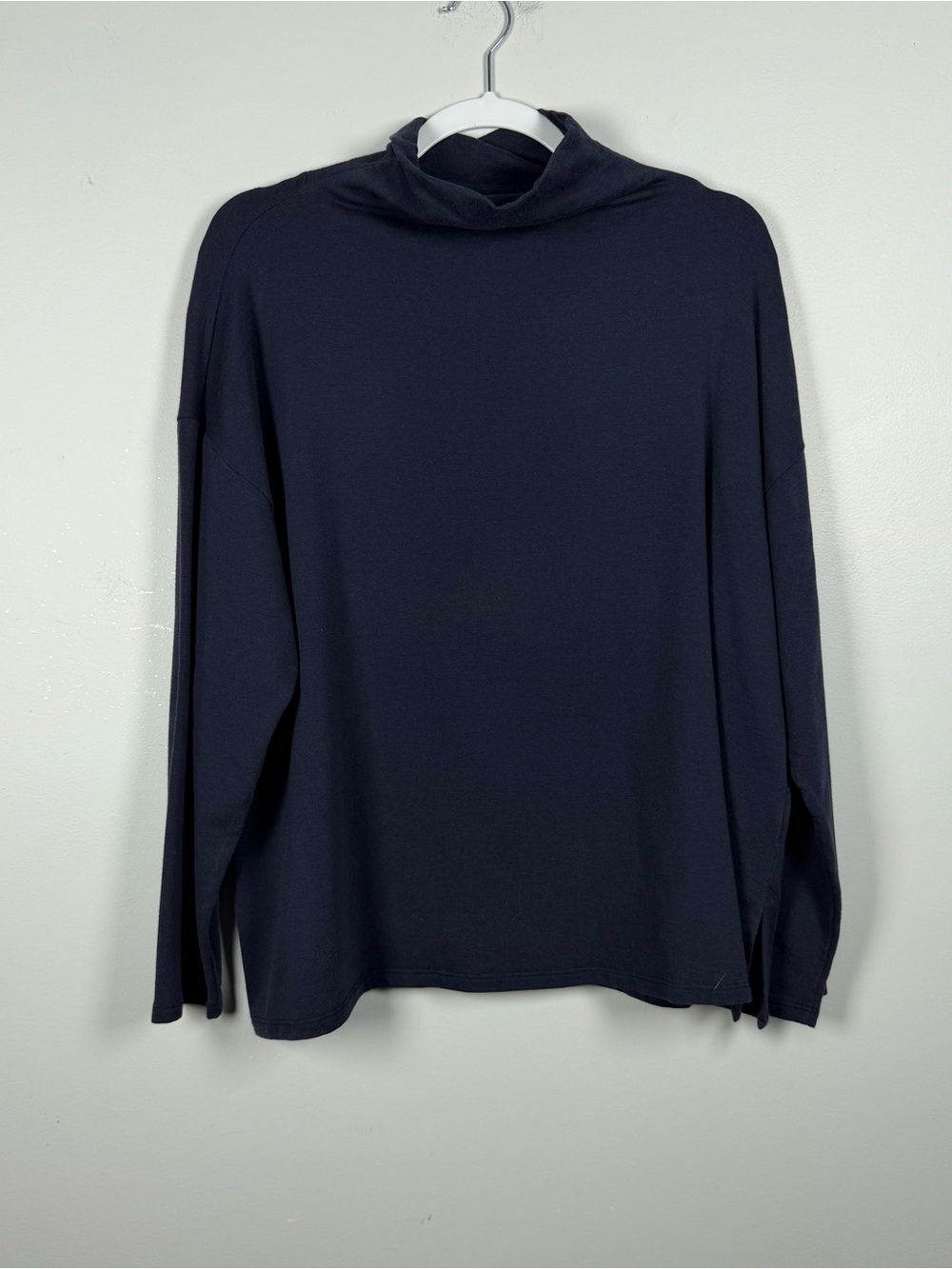 EILEEN FISHER Navy Blue Tencel Cotton Mock Neck Sweater Minimalist Womens Medium
